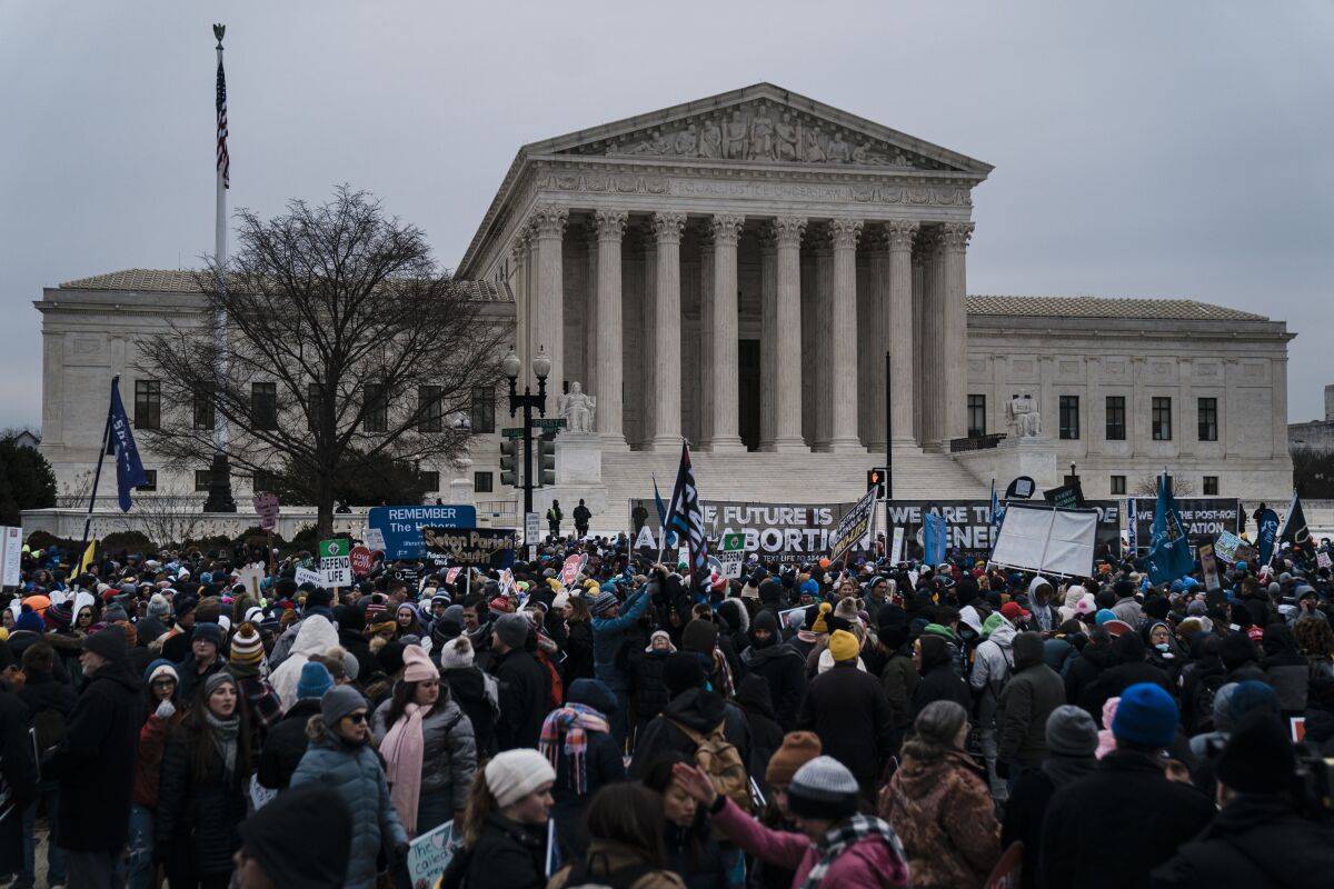 A crowd of antiabortion demonstrators outside the Supreme Court