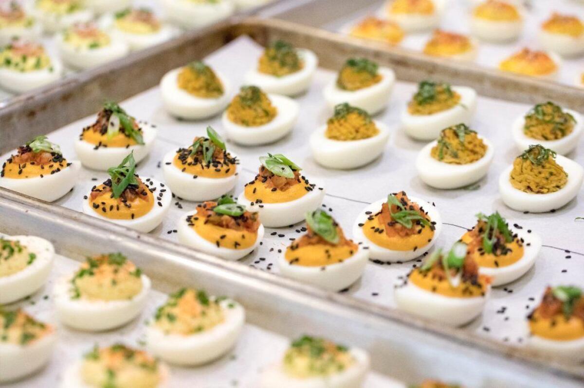 Trays of deviled eggs.