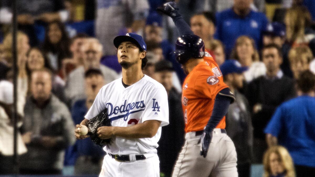 Dodgers starting pitcher Yu Darvish after giving up a home run to the Astros in Game 7 of the 2017 World Series.