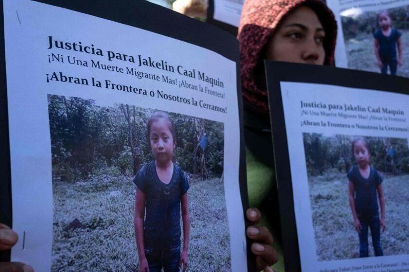 Central American migrants -traveling in a caravan- hold a demonstration following the death of 7-year old Jakelin Amei Rosmery Caal -who died in a Texas hospital two days after being taken into custody by border patrol agents in a remote stretch of New Mexico desert- outside a temporary shelter downtown Tijuana, Baja California state, Mexico on December 15, 2018. - Demonstrators also demand US authorities to stop family separations and to open borders. (Photo by Guillermo Arias / AFP)GUILLERMO ARIAS/AFP/Getty Images ** OUTS - ELSENT, FPG, CM - OUTS * NM, PH, VA if sourced by CT, LA or MoD **