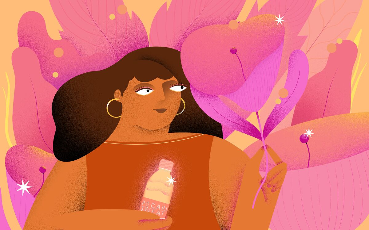 A drawing of a woman holding an electrolyte drink amid pink flowers