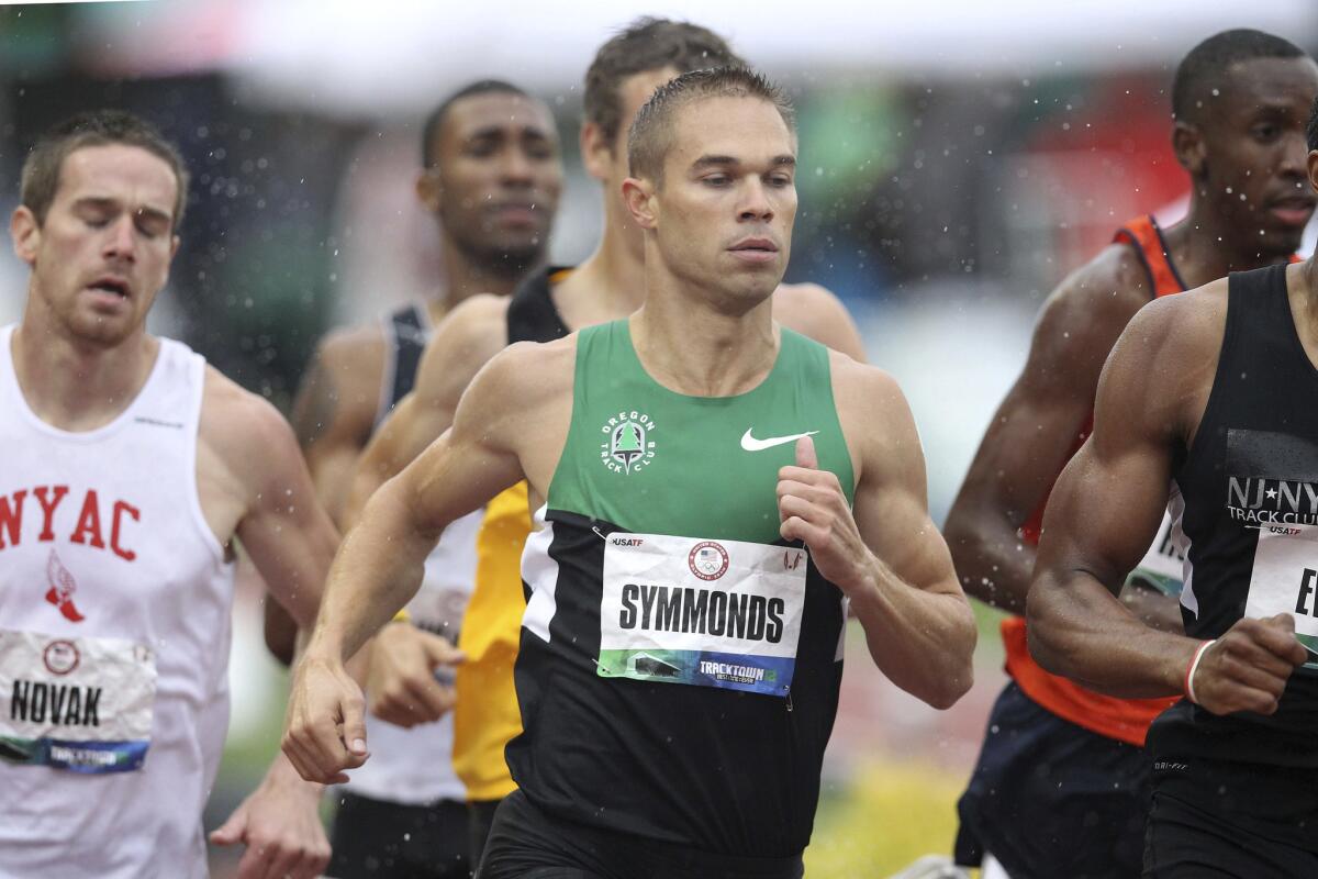 Nick Symmonds competes in a preliminary round of the men's 800 meter run during Day One of the 2012 U.S. Olympic Track & Field Team Trials on June 22, 2012.