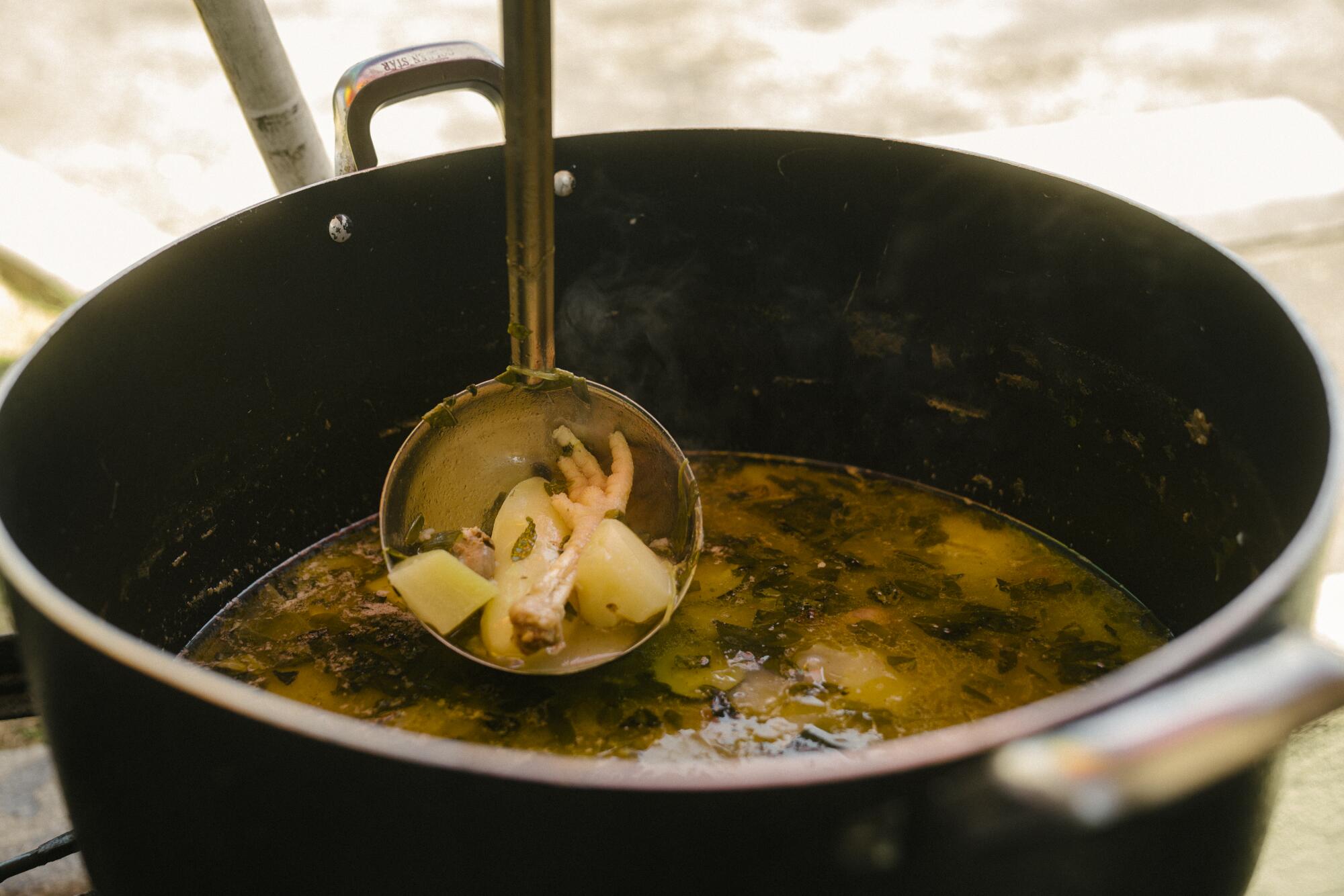 One of the many delicacies sold by vendors along the El Salvador Community Corridor is sopa de gallina india.