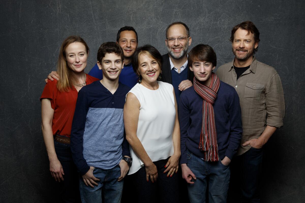 Jennifer Ehle, from left, Michael Barbieri, Mauricio Zacharias, Paulina Garcia, Ira Sachs, director, Theo Taplitz and Greg Kinnear, from the film "Little Men."