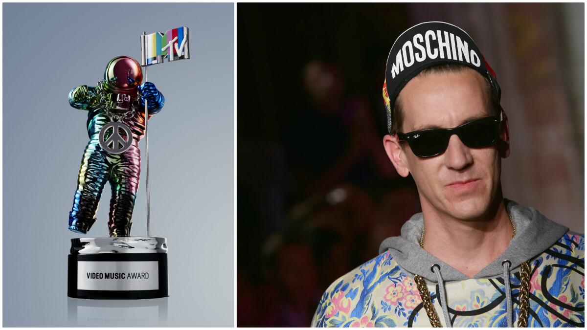 For the 2015 MTV Video Music Awards, fashion designer Jeremy Scott, shown at the June 18 Moschino show in Milan, gave the iconic Moonman trophy a color redesign, at right.
