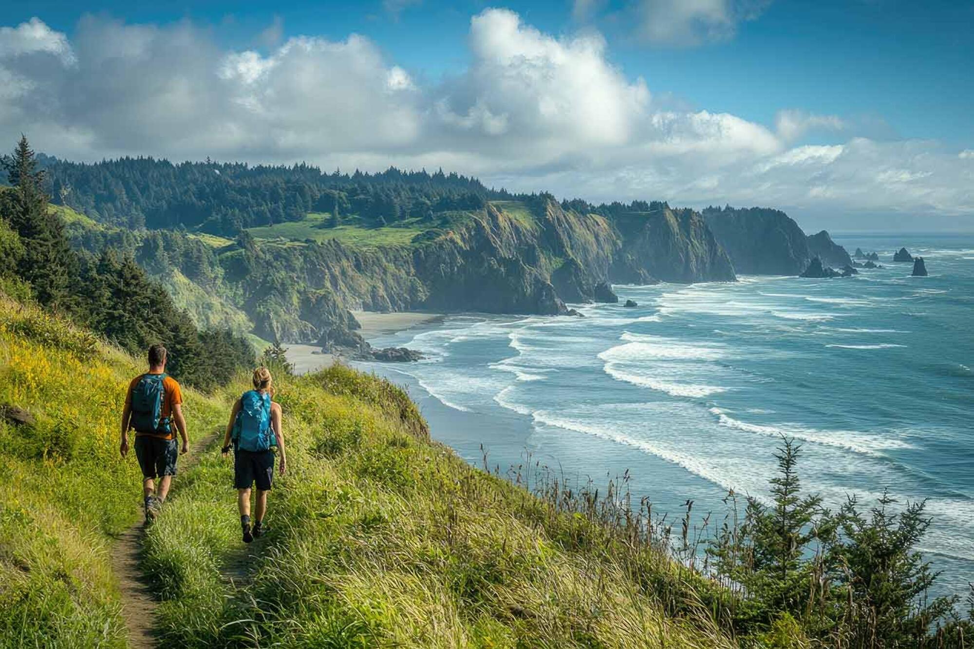 Two hikers enjoying a beautiful coastal view in Oregon