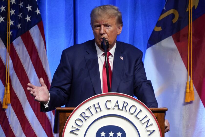 Former President Donald Trump speaks during the North Carolina Republican Party Convention in Greensboro, N.C., Saturday, June 10, 2023. (AP Photo/Chuck Burton)