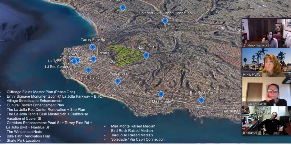 A map of areas that could be included in the Village Visioning Committee's streetscape plan is presented to Enhance La Jolla.