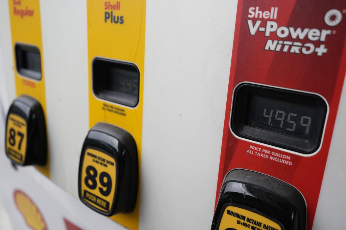 Gas prices are seen at a gas station in Buffalo Grove, Ill., Tuesday, April 23, 2024. 