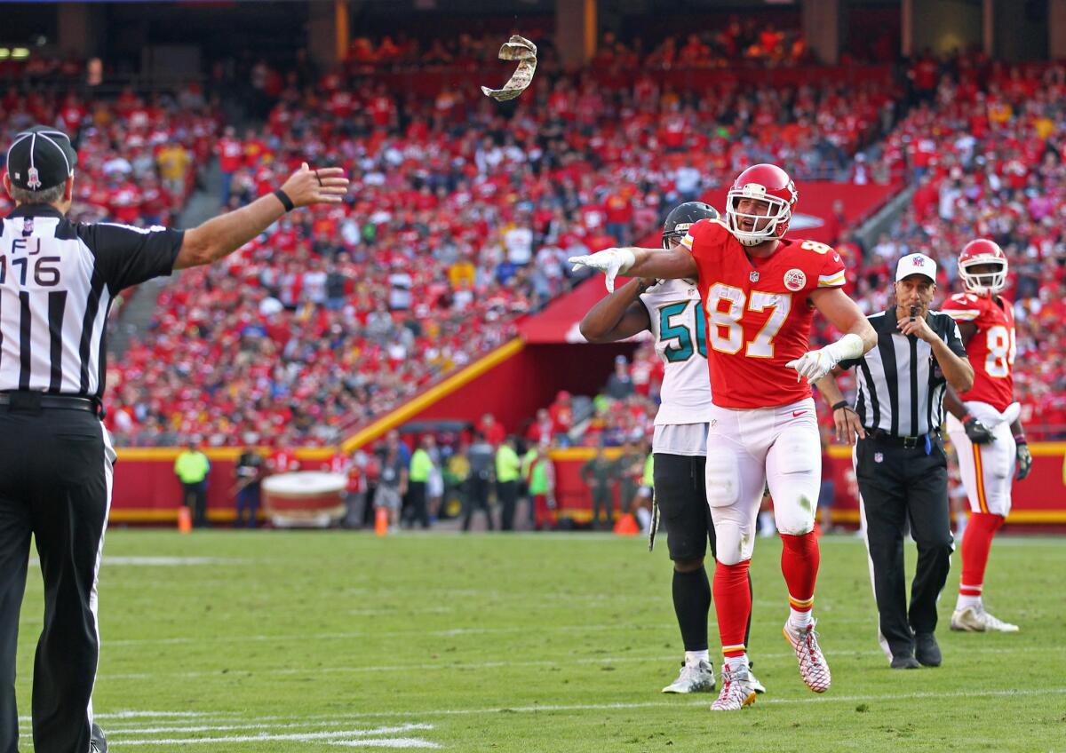 Kansas City Chiefs tight end Travis Kelce (87) throws a towel toward field judge Mike Weatherford after receiving an unsportsmanlike conduct penalty during a game against the Jacksonville Jaguars on Nov. 6.