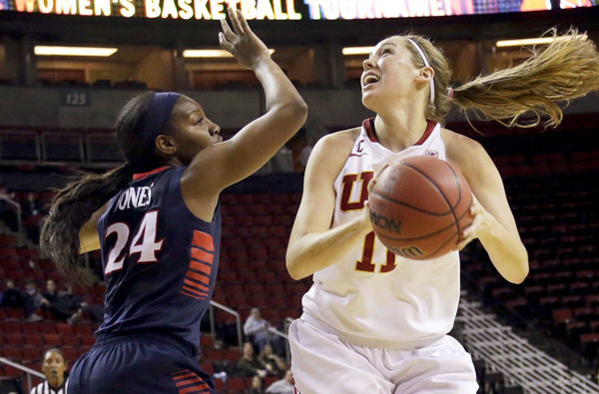 Senior forward Cassie Harberts, right, is the second-leading scorer and leading rebounder for USC with averages of 15.6 points and 7.4 rebounds game.