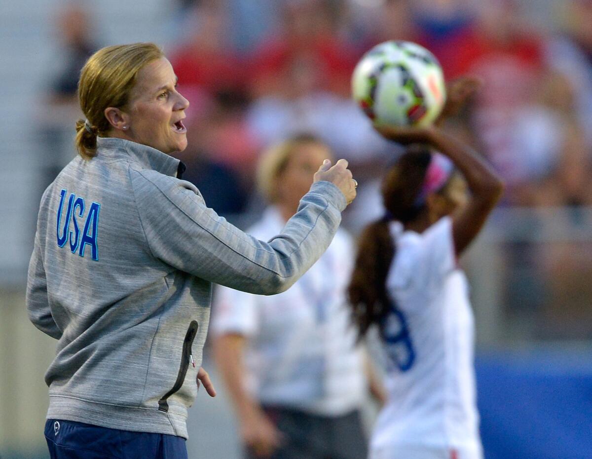 Coach Jill Ellis of the U.S. women's national soccer team directs her players during their match against the Swiss women's national team last month.