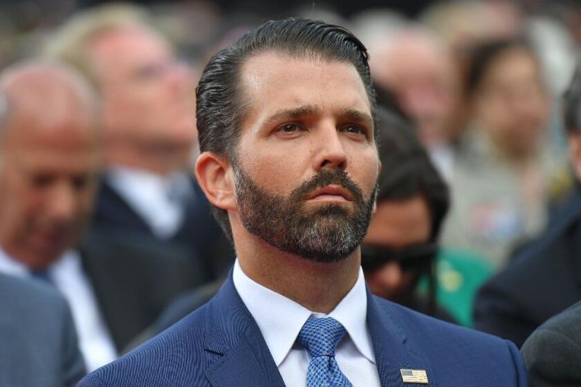 US businessman and son of the US president Donald Trump Jr attends a French-US ceremony at the Normandy American Cemetery and Memorial in Colleville-sur-Mer, Normandy, northwestern France, on June 6, 2019, as part of D-Day commemorations marking the 75th anniversary of the World War II Allied landings in Normandy. (Photo by MANDEL NGAN / AFP)MANDEL NGAN/AFP/Getty Images ** OUTS - ELSENT, FPG, CM - OUTS * NM, PH, VA if sourced by CT, LA or MoD **