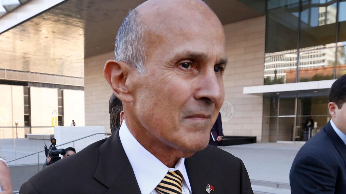 Former Los Angeles County Sheriff Lee Baca outside the Los Angeles federal courthouse earlier this year after he was convicted of obstruction of justice and other charges. A judge denied his request to remain free on bond while he appeals his conviction.