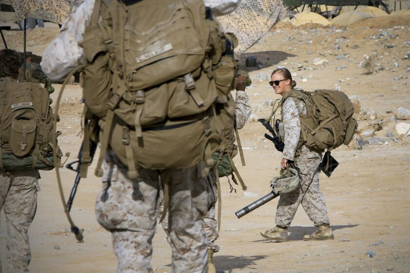 Marines in the Ground Combat Element Integrated Task Force return after a live-fire exercise in March at Twentynine Palms, during the assessment to determine if women should serve in ground combat units.
