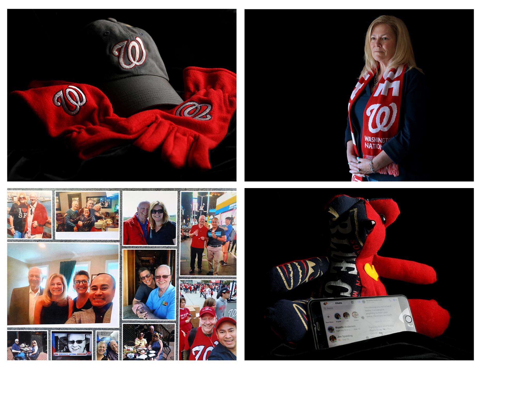 Four photos: a Washington Nationals cap and gloves, a woman in a Natioals scarf, a family photo collage, and a teddy bear