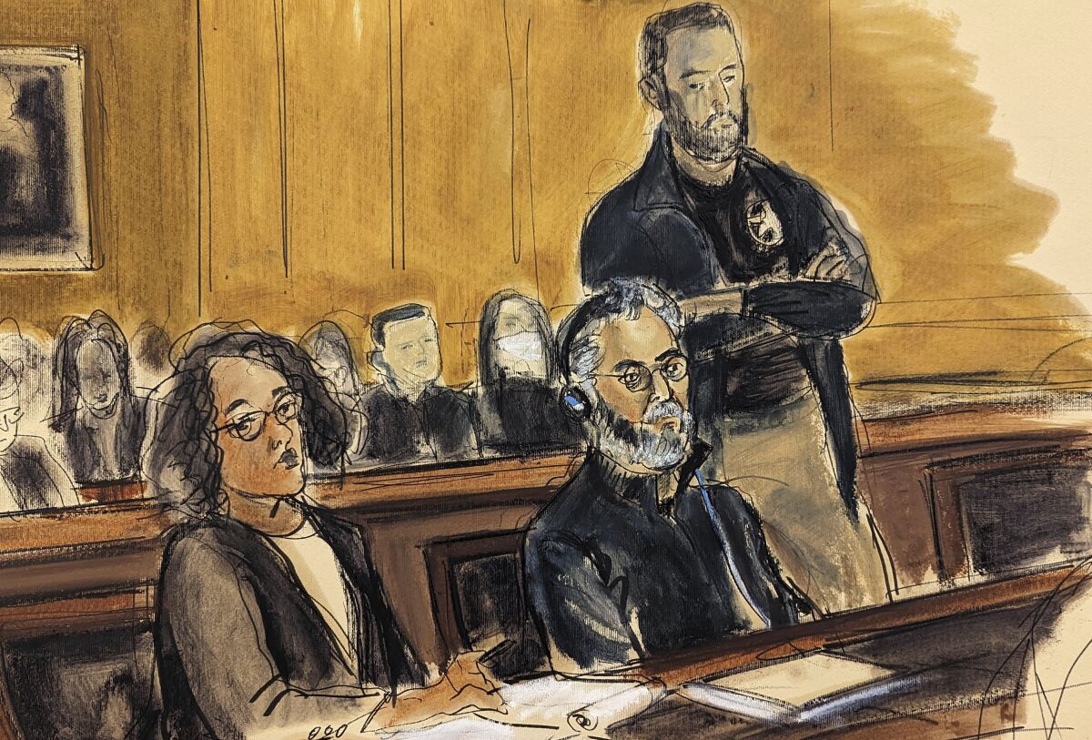 FILE - In this courtroom sketch, Guo Wengui, seated center, and his attorney Tamara Giwa, left, appear in federal court in New York, March 15, 2023. Lawyers for the wealthy self-exiled Chinese businessman who developed ties to Trump administration figures including Steve Bannon are seeking bail for him two weeks after his arrest, saying other defendants accused of massive frauds like Bernard Madoff and Sam Bankman-Fried were freed on bail. (AP Photo/Elizabeth Williams, File)