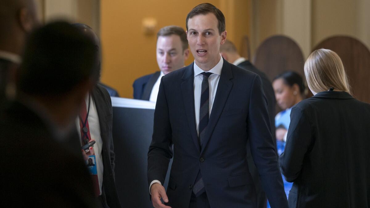 President Trump's advisor and son-in-law Jared Kushner departs the Capitol after a meeting May 14 with Senate Republicans.