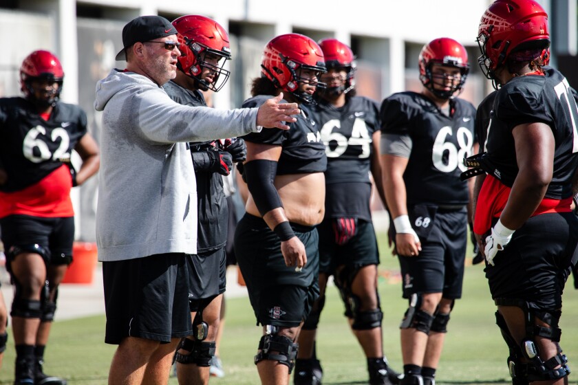 San Diego State offensive line coach Mike Goff instructs players during a drill this week at practice.