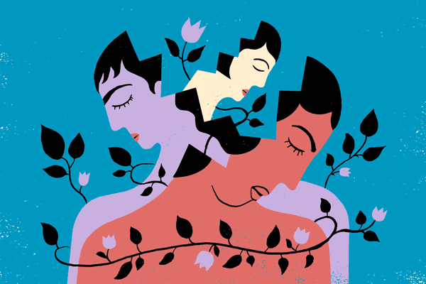 Illustration of three people with heads bowed and holding each others' shoulders