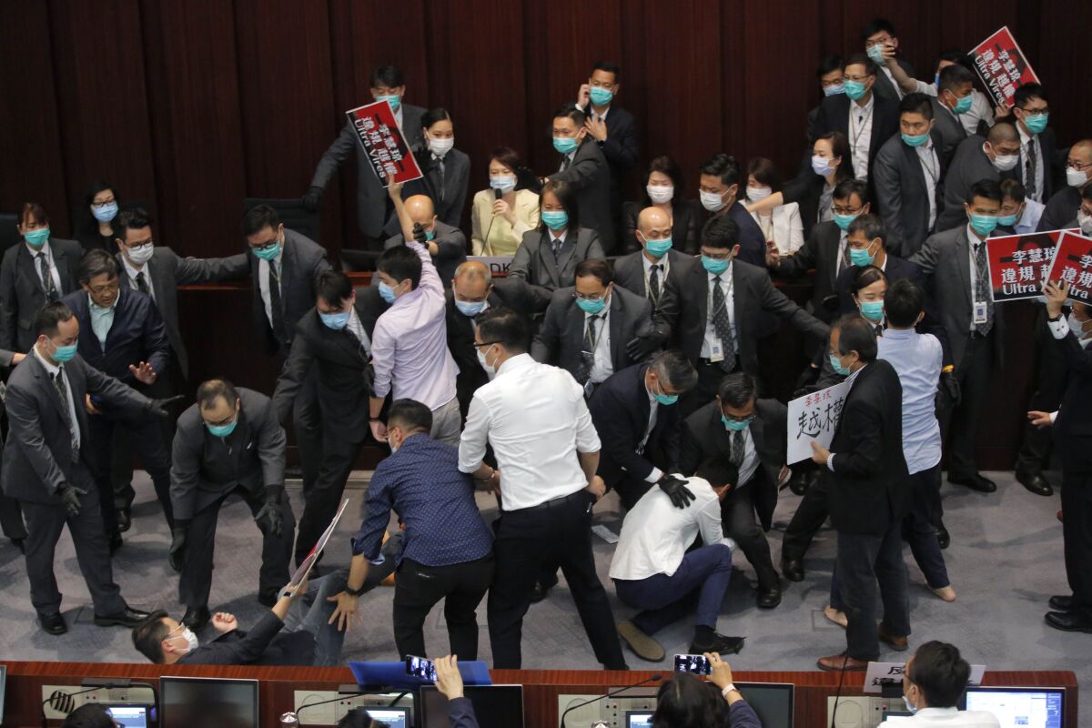 A scuffle during a Legislative Council's House Committee meeting in Hong Kong