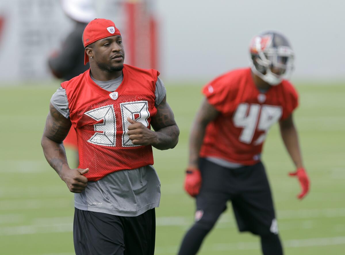 Tampa Bay Buccaneers safety Dashon Goldson (38) runs during a May 27 team activity in Tampa, Fla.