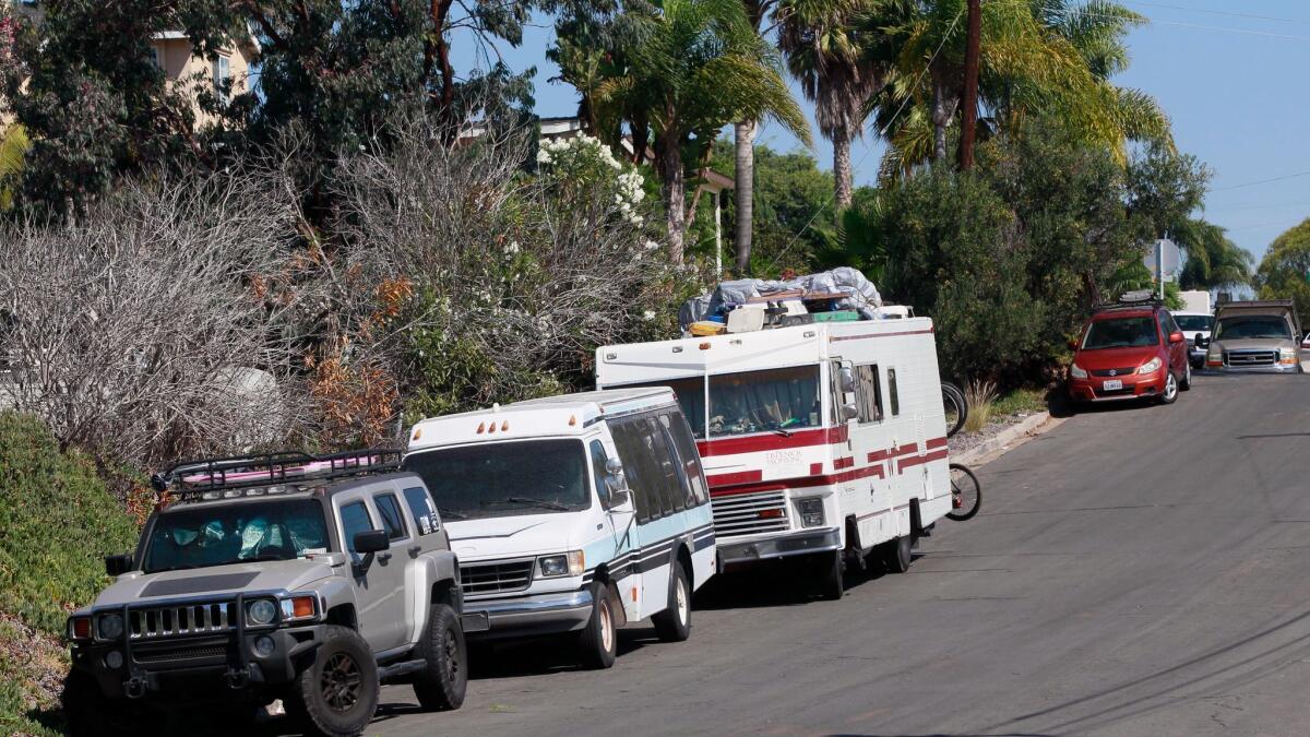 An RV parked on Frankfort Street in Bay Park. Homeless disabled people are challenging San Diego's RV parking law.