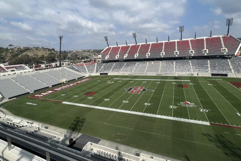 The Snapdragon Stadium end zones were painted red in recognition of San Diego State's "redout" game against Boise State.