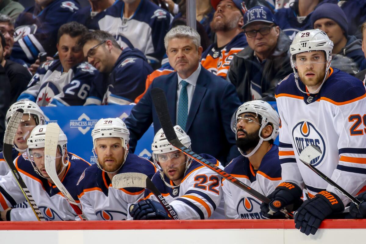 Edmonton Oilers coach Todd McLellan looks on during a game during the Winnipeg Jets in October 2018.