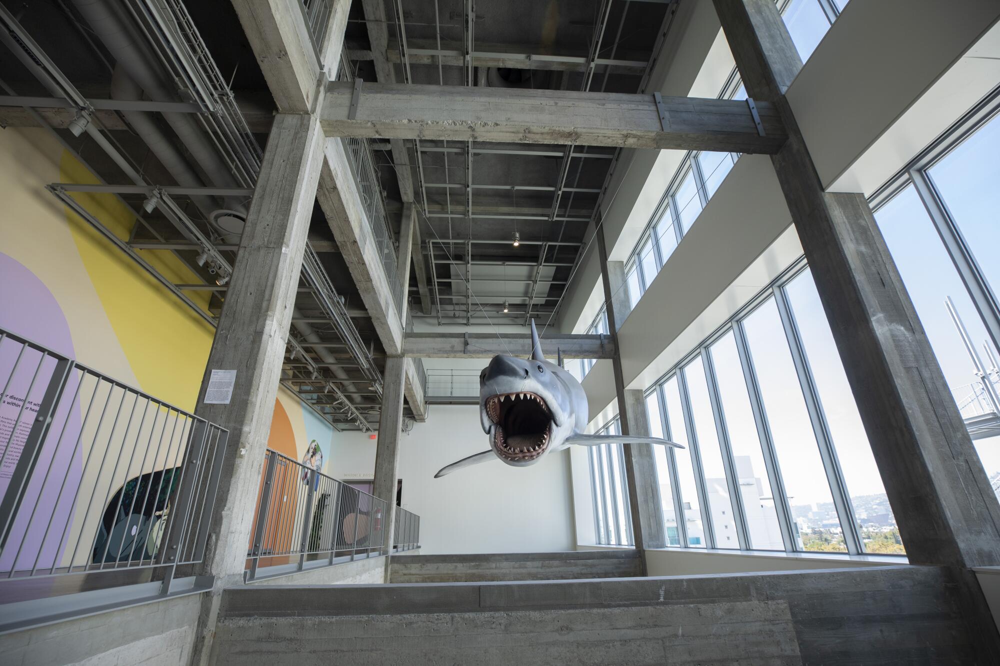 The shark from "Jaws" is seen hanging amid brut concrete columns next to a row of windows