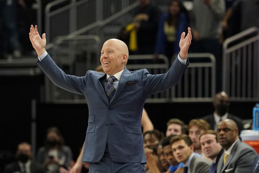 MILWAUKEE, WISCONSIN - DECEMBER 11: Head coach Mick Cronin of the UCLA Bruins reacts against the Marquette Golden Eagles in the first half at Fiserv Forum on December 11, 2021 in Milwaukee, Wisconsin. (Photo by Patrick McDermott/Getty Images)