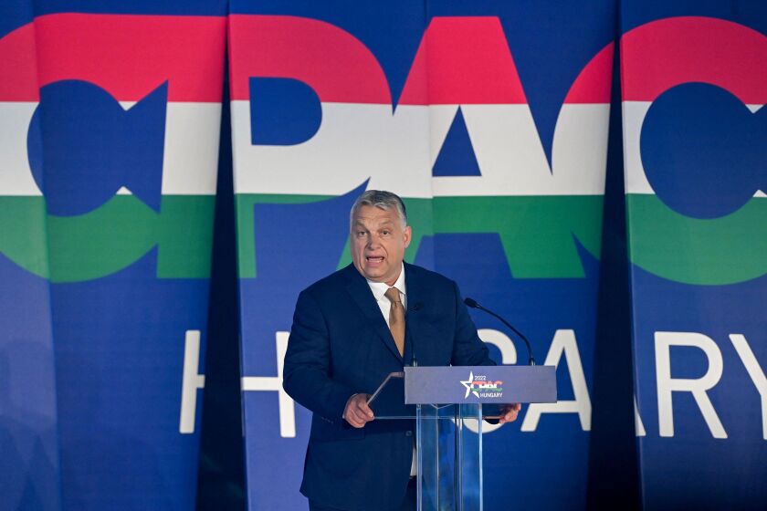 Hungarian Prime Minister Viktor Orban addresses a keynote speech during a session of the CPAC