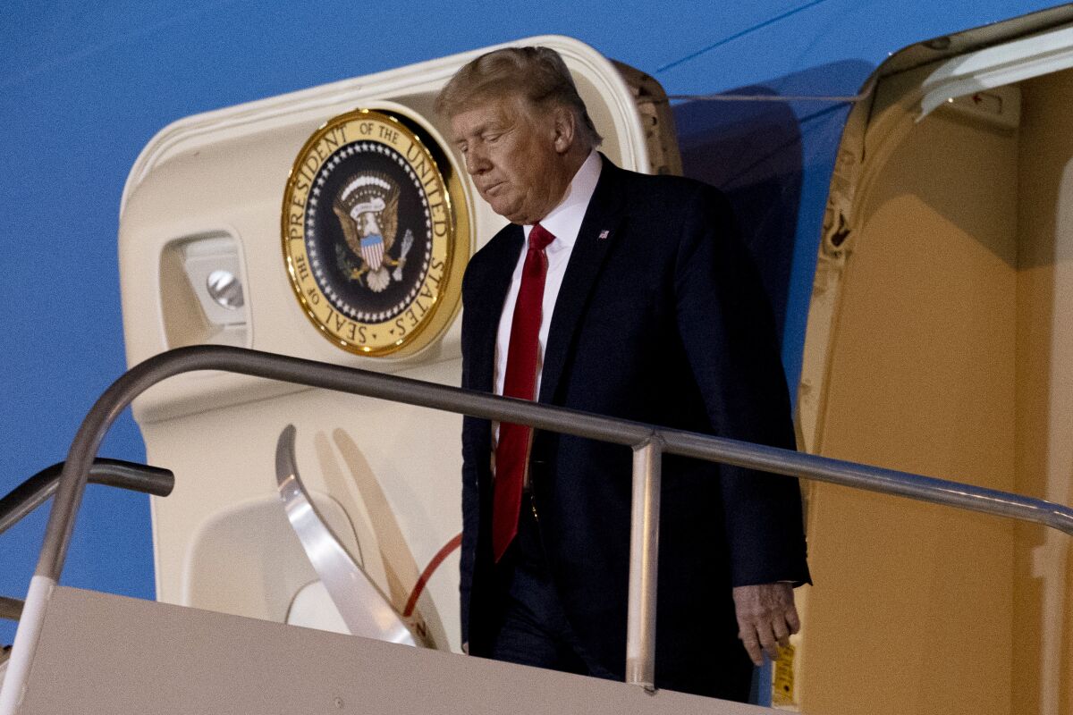 President Donald Trump arrives at McCarran International Airport in Las Vegas, Saturday, Sept. 12, 2020.