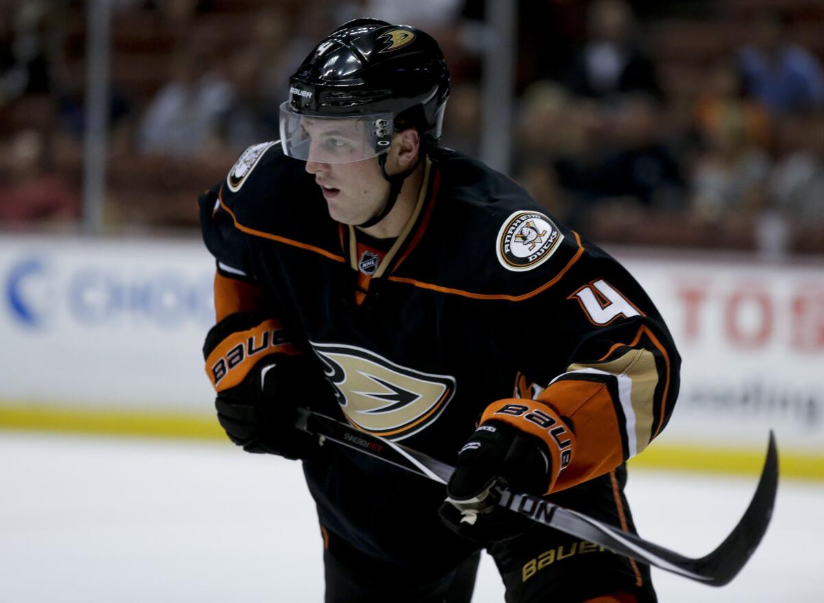 Ducks defenseman Cam Fowler, shown in a preseason game Sept. 22, fell during practice Thursday and left the ice.