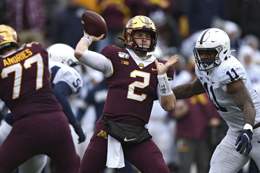 MINNEAPOLIS, MINNESOTA - NOVEMBER 09: Quarterback Tanner Morgan #2 of the Minnesota Golden Gophers looks to pass against the Penn State Nittany Lions during the third quarter at TCFBank Stadium on November 09, 2019 in Minneapolis, Minnesota. (Photo by Hannah Foslien/Getty Images)