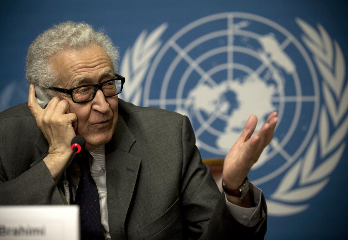 U.N. mediator Lakhdar Brahimi addresses a news briefing about Syrian peace talks in Geneva.