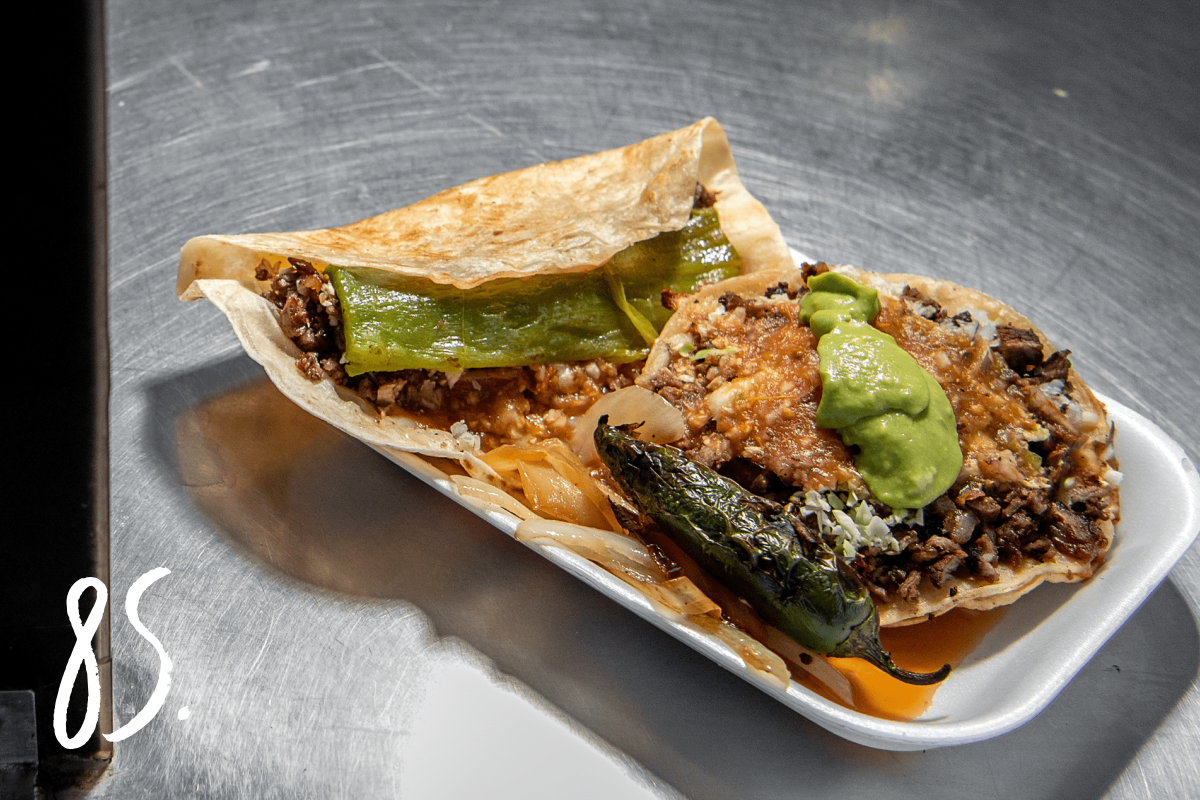 #85: A chorreada at Tacos La Carreta with guacamole
atop carne asada