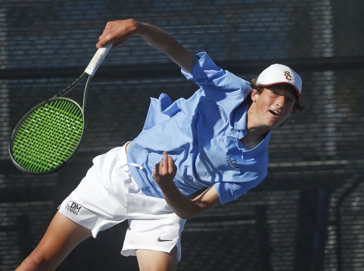 Niels Hoffmann of Corona del Mar crushes a serve on Friday at the National High School Tennis All-American Tournament.