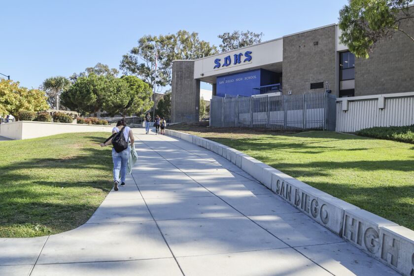 SAN DIEGO, CA - SEPTEMBER 30: This is the entrance to San Diego High School, which is on a 34 acre parcel of parkland, at Balboa Park on Thursday, Sept. 30, 2021 in San Diego, CA. The school district is in the process of signing a new lease deal with the city of San Diego. (Eduardo Contreras / The San Diego Union-Tribune)