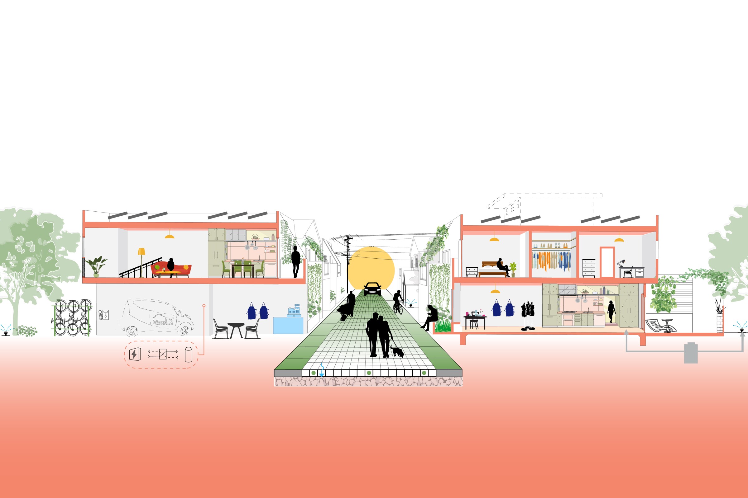 A digital drawing shows a cross-section of an alleyway surrounded by low-rise housing and work spaces.