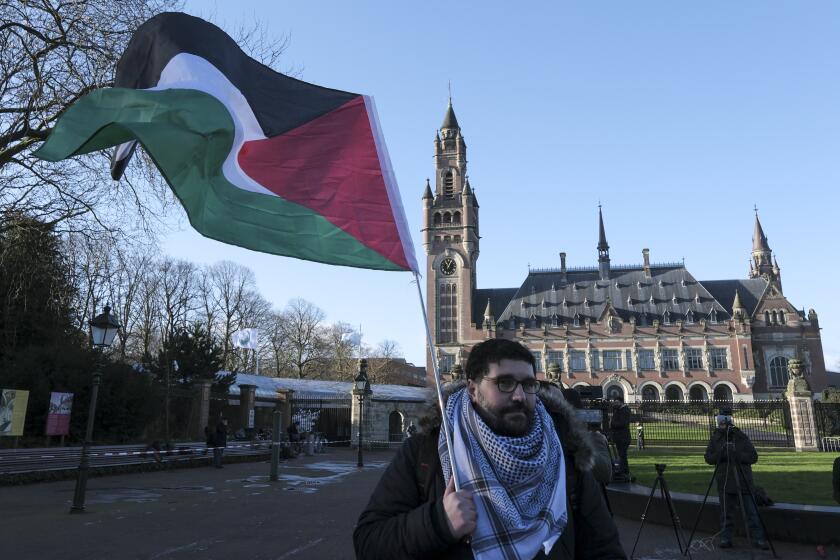 Un manifestante alza una bandera palestina frente al Palacio de la Paz, sede de la Corte Internacional de Justicia, en La Haya, Holanda, viernes 26 de abril de 2024. La corte, que se dispone a emitir su fallo, dijo que no desestimará la causa que acusa a Israel de cometer genocidio en Gaza. (AP Foto/Patrick Post)