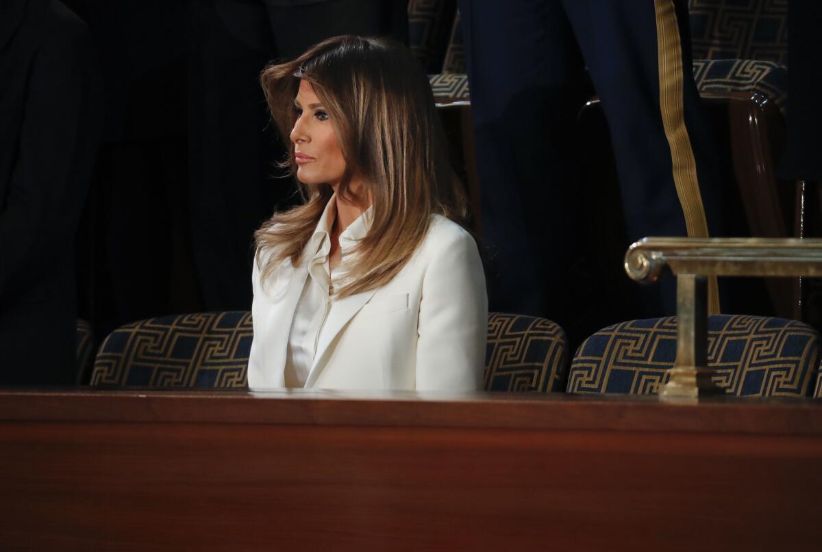 First Lady Melania Trump takes her seat to watch her husband, President Donald Trump, address a joint session of Congress on Capitol Hill in Washington on Tuesday.