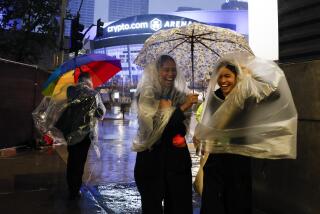 LOS ANGELES, CA - FEBRUARY 04: People struggle with ponchos and umbrellas as they run between the red carpet of the Grammy's and a parking garage as another storm bears down at L.A. Live in Los Angeles Sunday, Feb. 4, 2024. (Allen J. Schaben / Los Angeles Times)