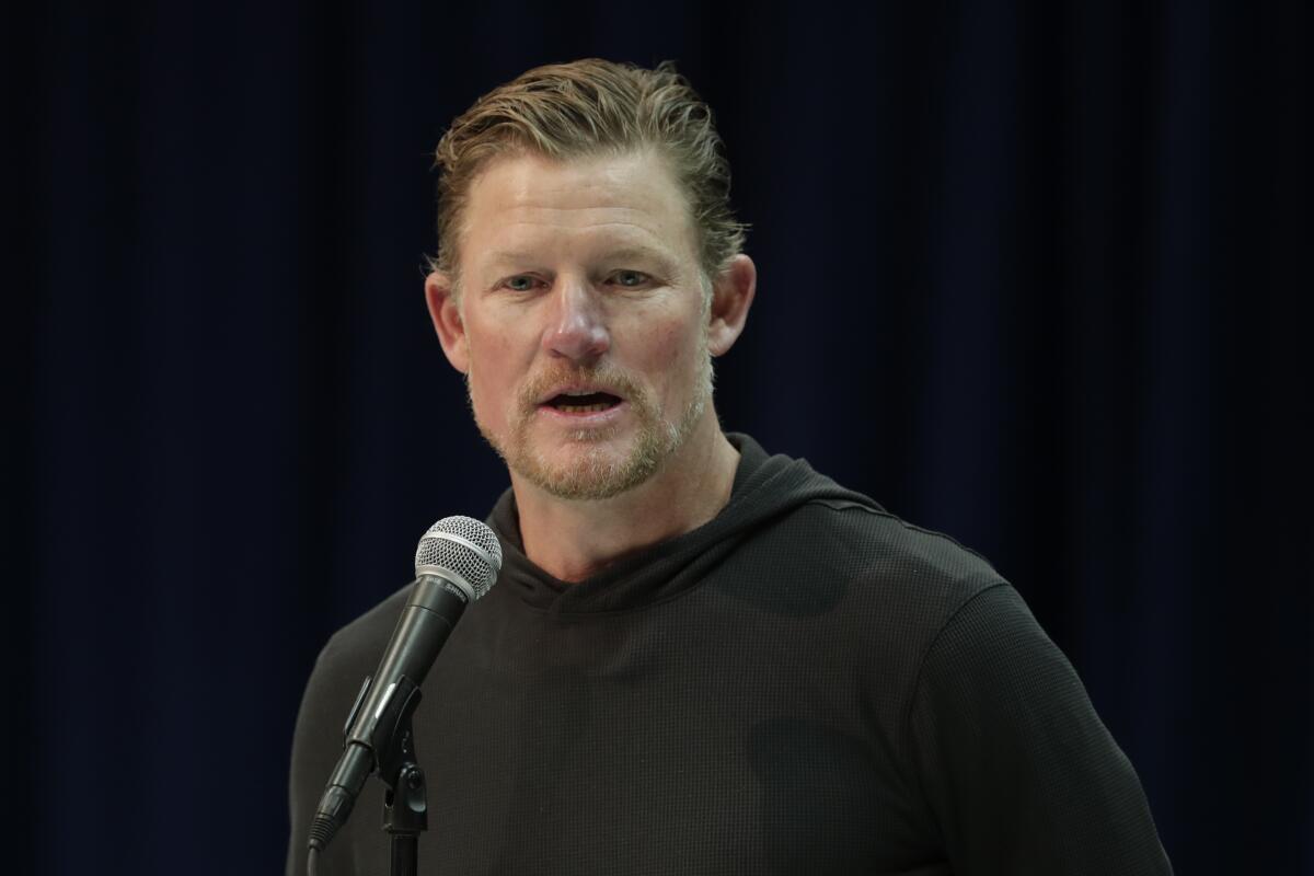  Rams general manager Les Snead speaks during a news conference.