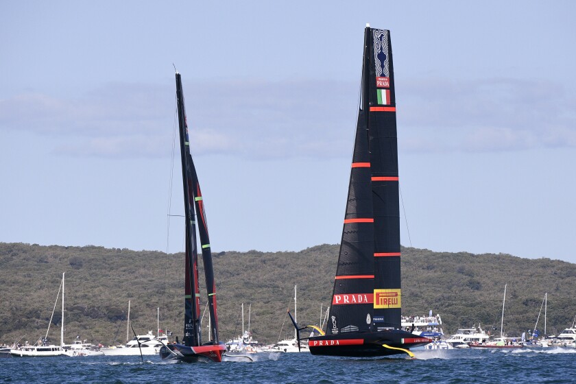 Italy's Luna Rossa, right, sails against Team New Zealand during race 5 of the America's Cup on Auckland's Waitemata Harbour, New Zealand, Saturday, March 13, 2021. (Chris Cameron/Photosport via AP)