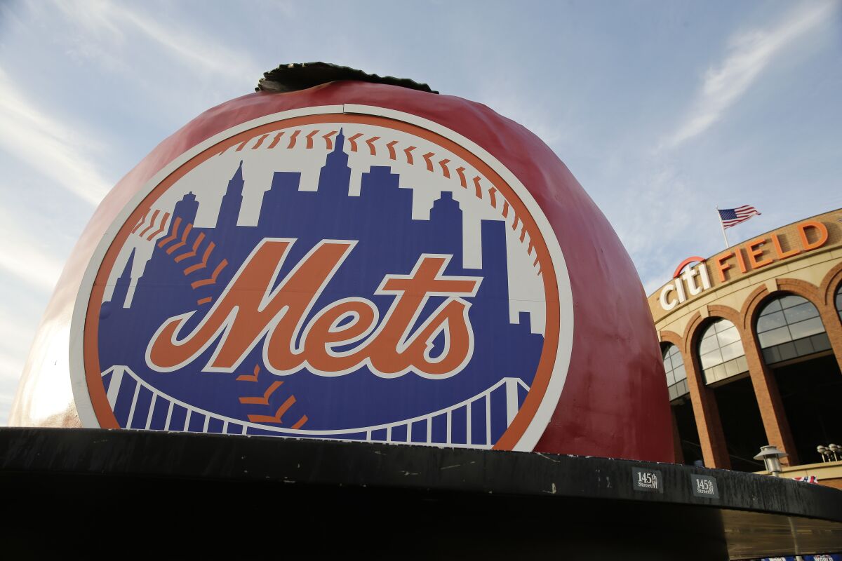 The New York Mets logo is displayed Citi Field before Friday's Game 3 of the Major League Baseball World Series.