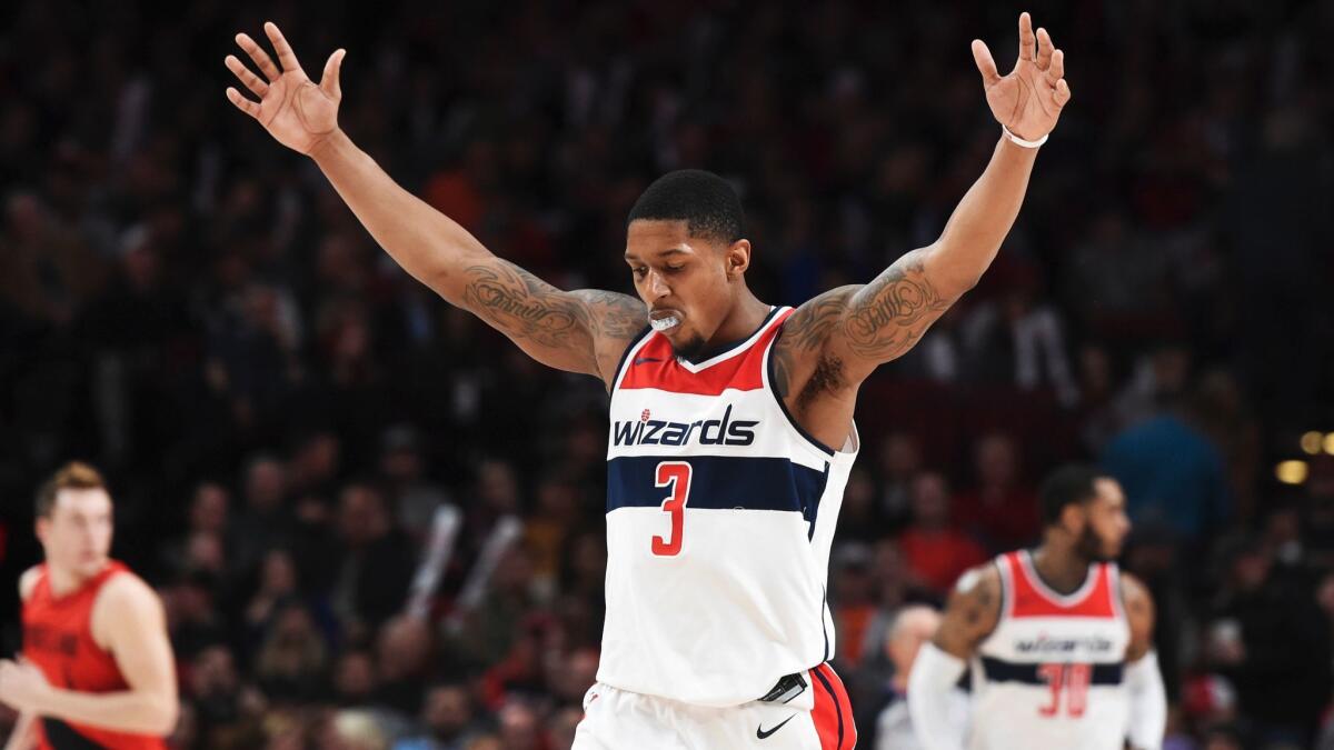Washington Wizards guard Bradley Beal reacts after hitting a shot against the Portland Trail Blazers on Tuesday. The team plays the Clippers on Saturday night.