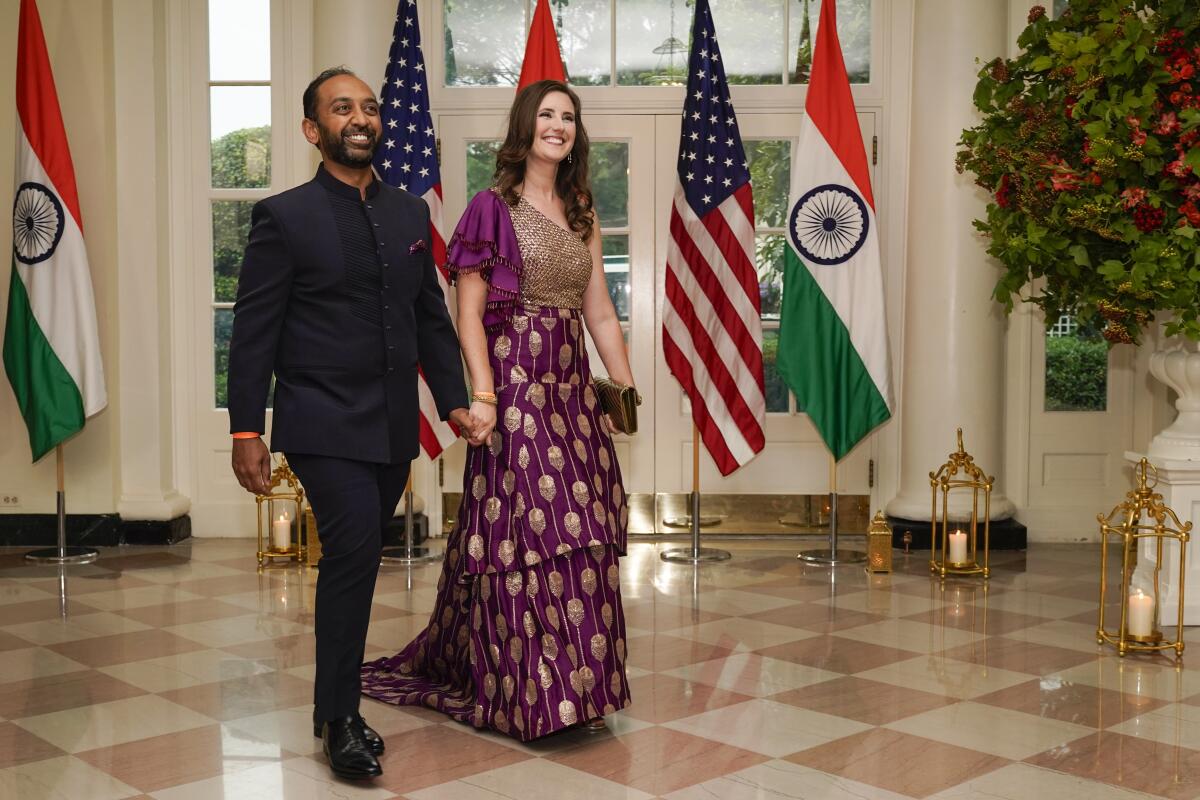 Sameer and Shannon Patel arrive for a state dinner with President Joe Biden and India Prime Minister Narendra Modi.