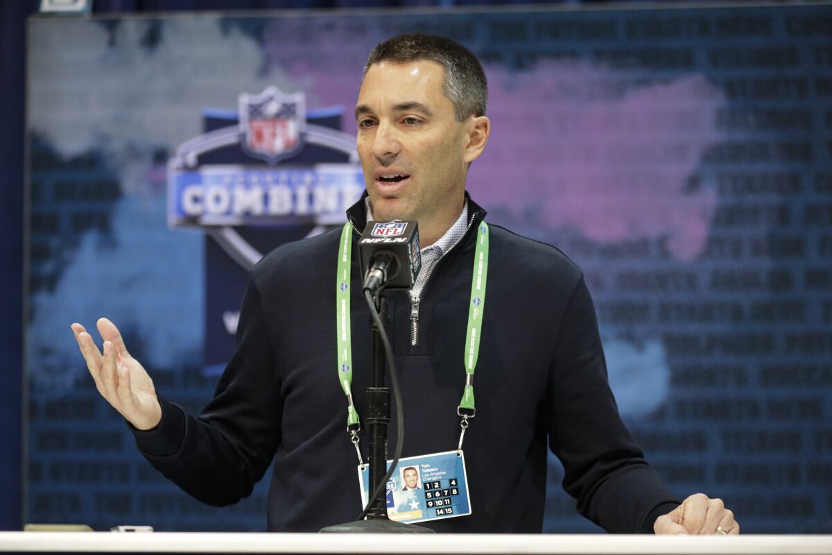 Los Angeles Chargers general manager Tom Telesco speaks during a press conference