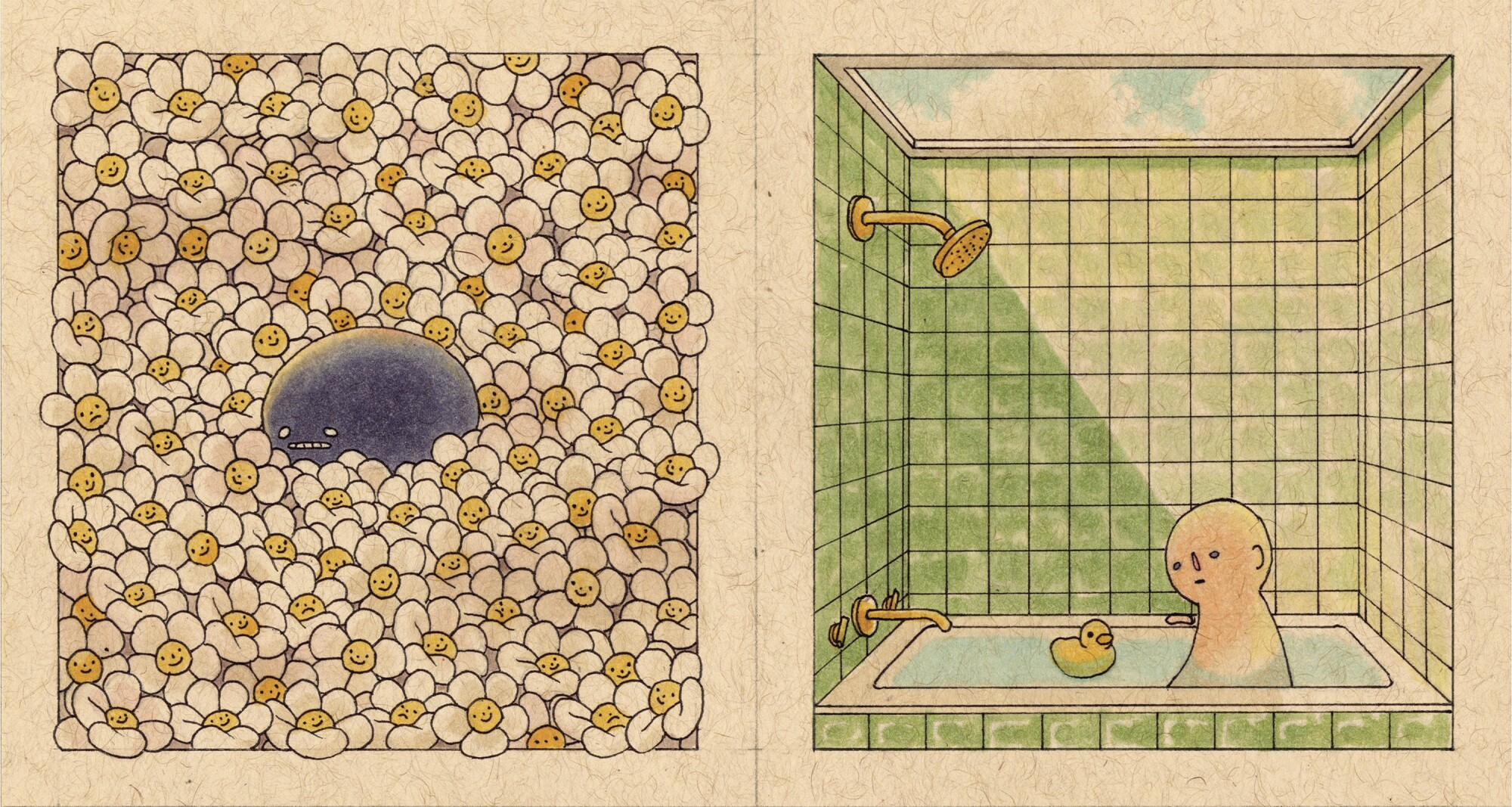 Ilustração de uma criatura azul em um campo de margaridas e um homem em uma banheira com um pato de borracha.